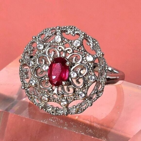 Natural Ruby 14K White Gold on 925 Sterling Silver Ring Sz 7.75 - Picture 6 of 6